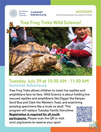 Library Flyer - Tree Frog Treks Wild Science - July 29, 10:30am
