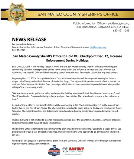 San Mateo County Sheriff’s Office to Hold DUI Checkpoint Dec. 12, Increase  Enforcement During Holidays