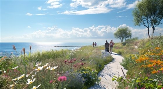 Family near ocean with floers