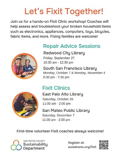 San Mateo County Sustainability Department Fix It Clinic Poster