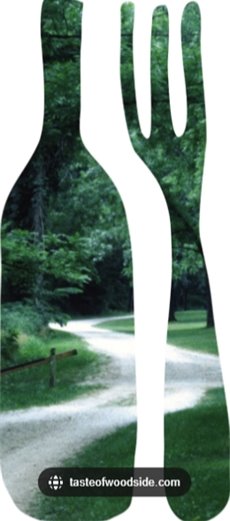 Graphic of fork and a knife with a rural image behind it