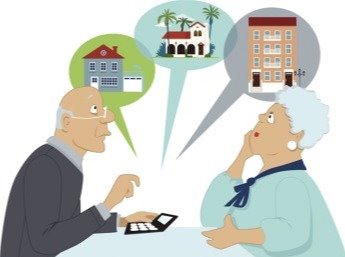 Image of Senior Couple with Thought Bubbles of Housing Options
