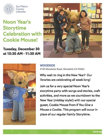 Library Flyer - Noon Year's Storytime Celebration with Cookie Mouse