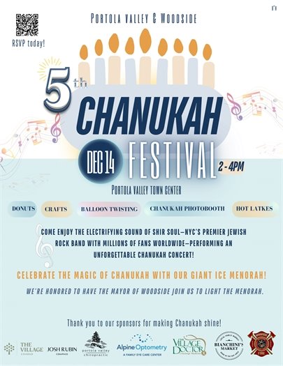 Flyer for Portola Valley and Woodside Chanukah Festival 2025