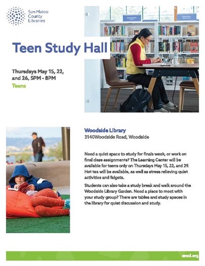 Woodside Library Teen Study Hall Flyer