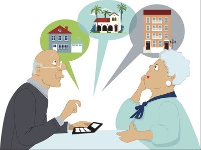 Image of two older adults with thought bubbles on housing options