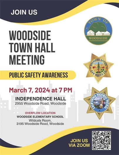 Woodside Town Hall Public Safety Awareness Meeting Flyer